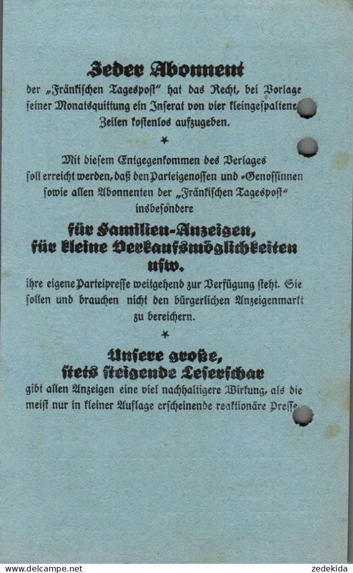 G9212 - Nürnberg Fürth Fränkische Tagespost Abo Quittung Zahlschein Goldmark - 1900 – 1949