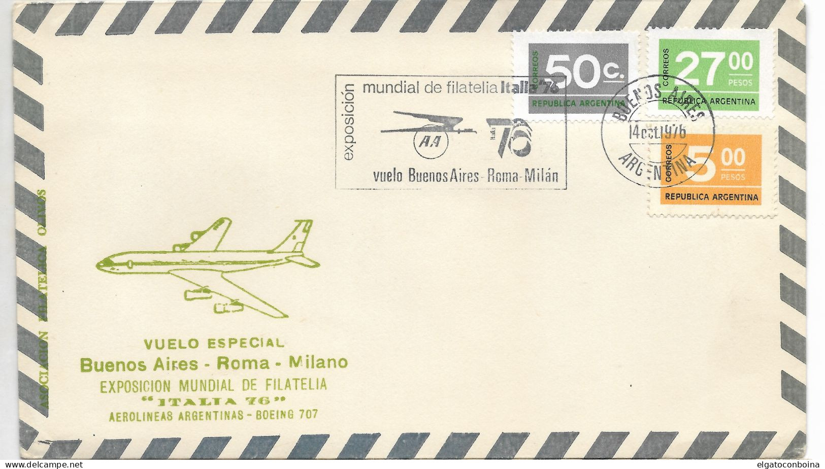 ARGENTINA 1976 SPECIAL FLIGHT BUENOS AIRES ROMA MILANO WORLD PHILATELIC EXPO - FDC