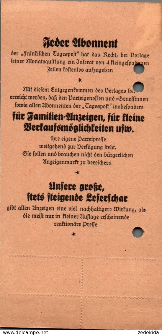 G9219 - Nürnberg Fürth Fränkische Tagespost Abo Quittung Zahlschein Goldmark - 1900 – 1949