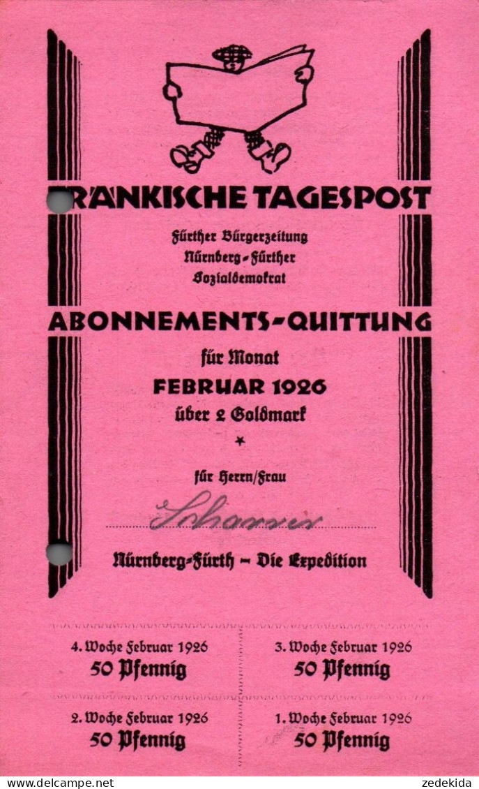 G9221 - Nürnberg Fürth Fränkische Tagespost Abo Quittung Zahlschein Goldmark - 1900 – 1949