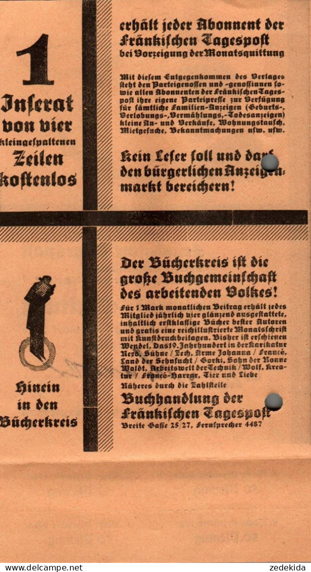 G9223 - Nürnberg Fürth Fränkische Tagespost Abo Quittung Zahlschein Goldmark - 1900 – 1949