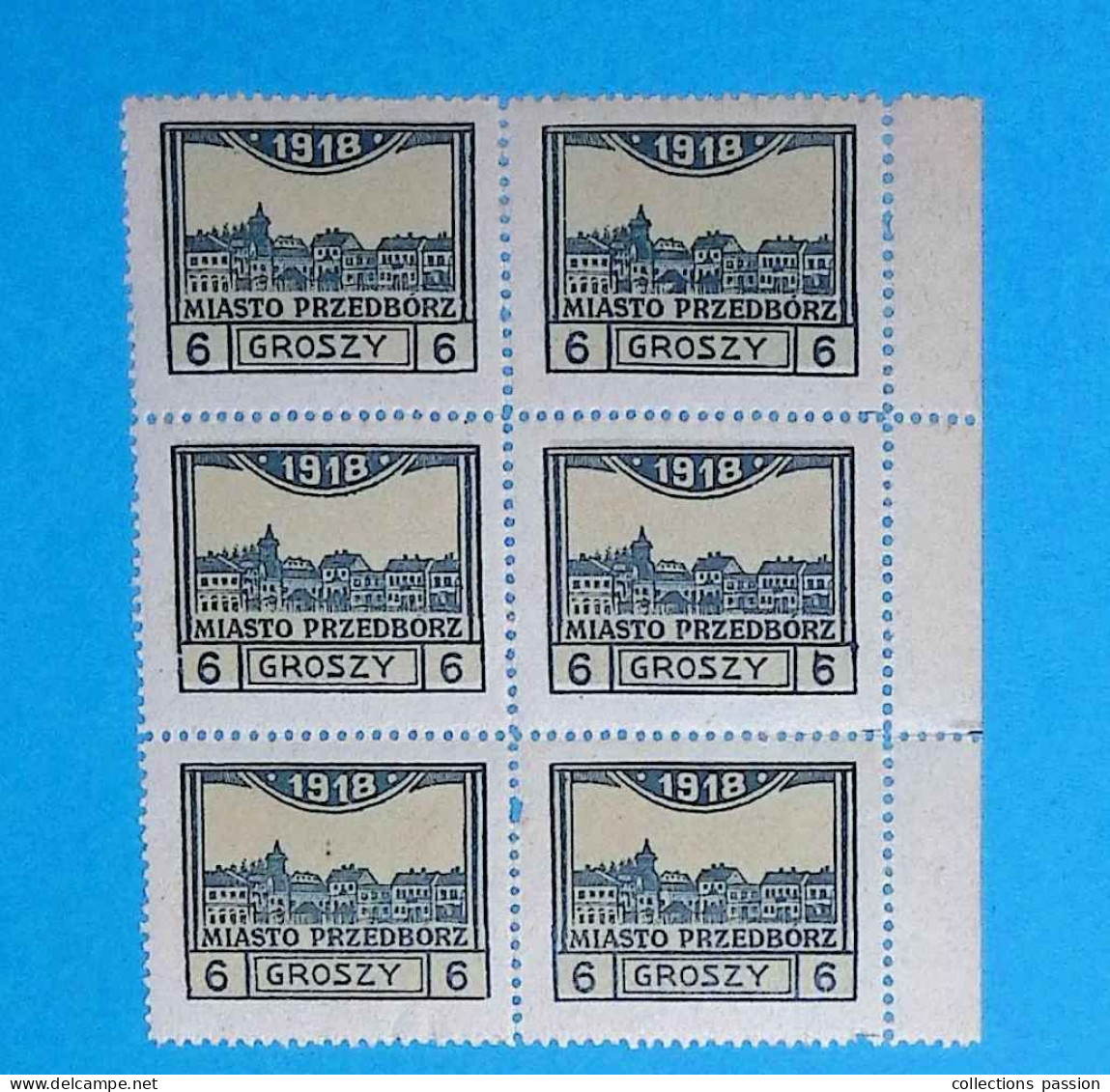 Timbre, BLOC DE 6, 1918,  MIASTO PRZEDBORZ, Poste Locale, GROSZY, 2 Scans, 6 - Blokken & Velletjes