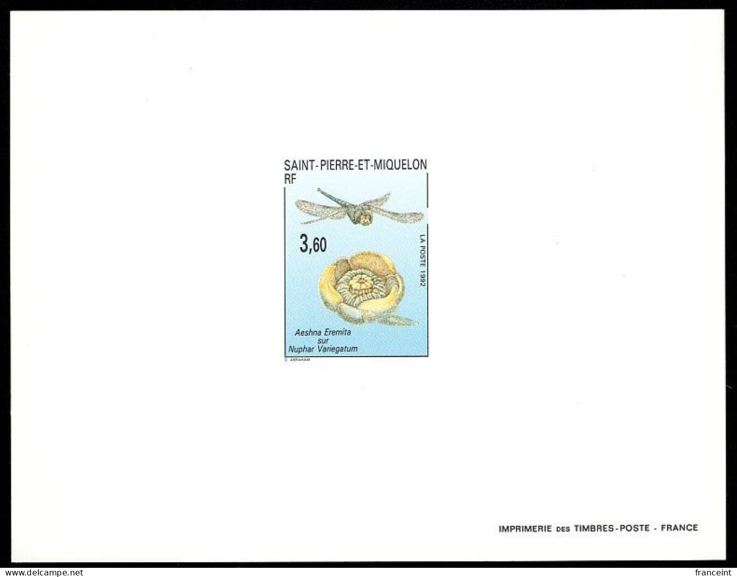 ST. PIERRE & MIQUELON(1992) Lake Darner Dragonfly (Aeshna Eremita). Yellow Pond Lily (Nuphar Variegatum). Deluxe Sheet. - Imperforates, Proofs & Errors