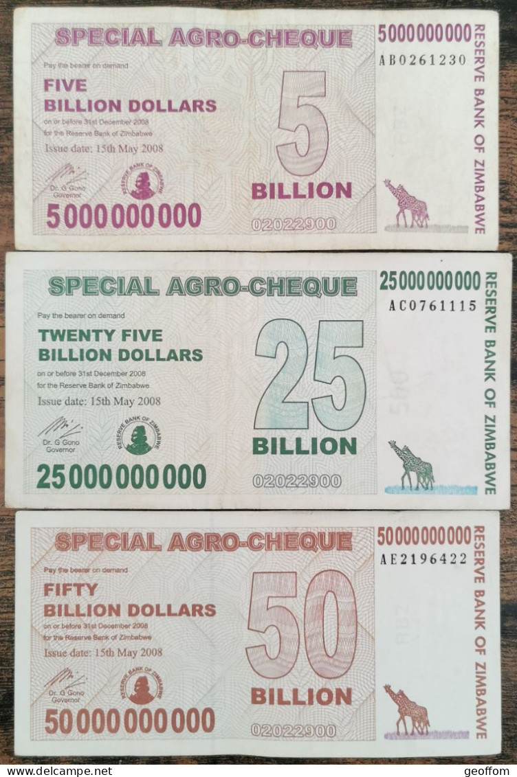 Série 3 Billets ZIMBABWE  5 - 25 - 50 Milliards Dollars - Billion  50000000000 $ - Zimbabwe