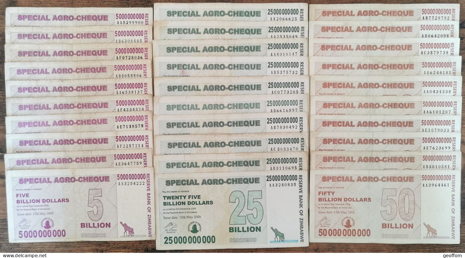 Série 3 Billets ZIMBABWE  5 - 25 - 50 Milliards Dollars - Billion  50000000000 $ - Zimbabwe