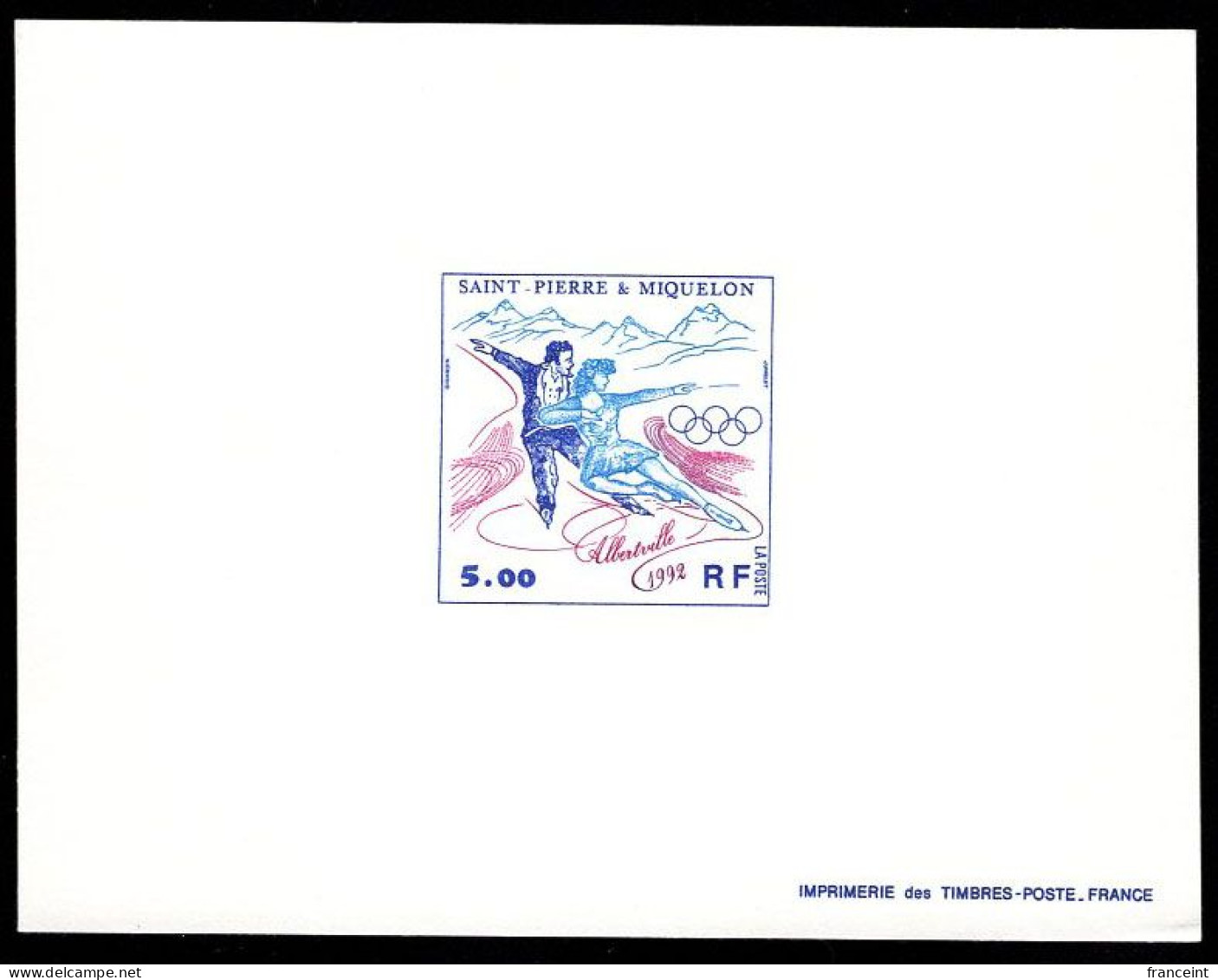 ST. PIERRE & MIQUELON(1992) Ice Skaters. Deluxe Sheet. Scott No 577. Albertville Olympics. - Imperforates, Proofs & Errors