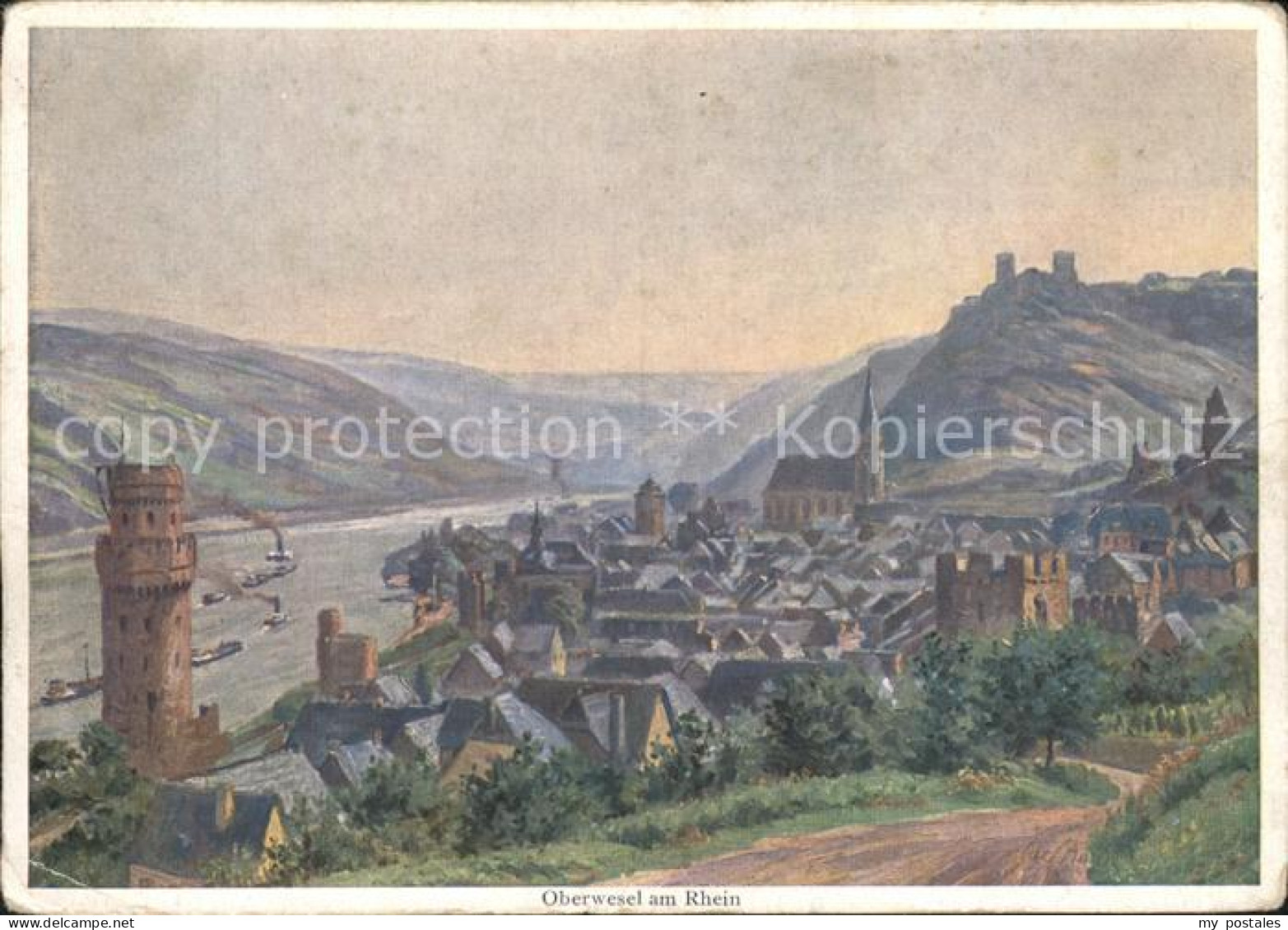 41601099 Oberwesel Rhein Gesamtansicht Turm Kirche Burg Schoenburg Kuenstlerkart - Oberwesel