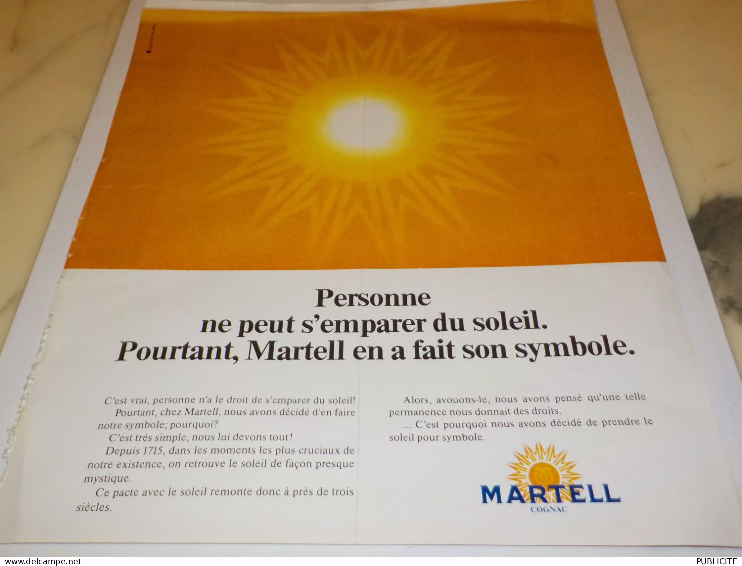 ANCIENNE PUBLICITE SOLEIL SYMBOLE LE  COGNAC MARTELL 1973 - Alcoholes