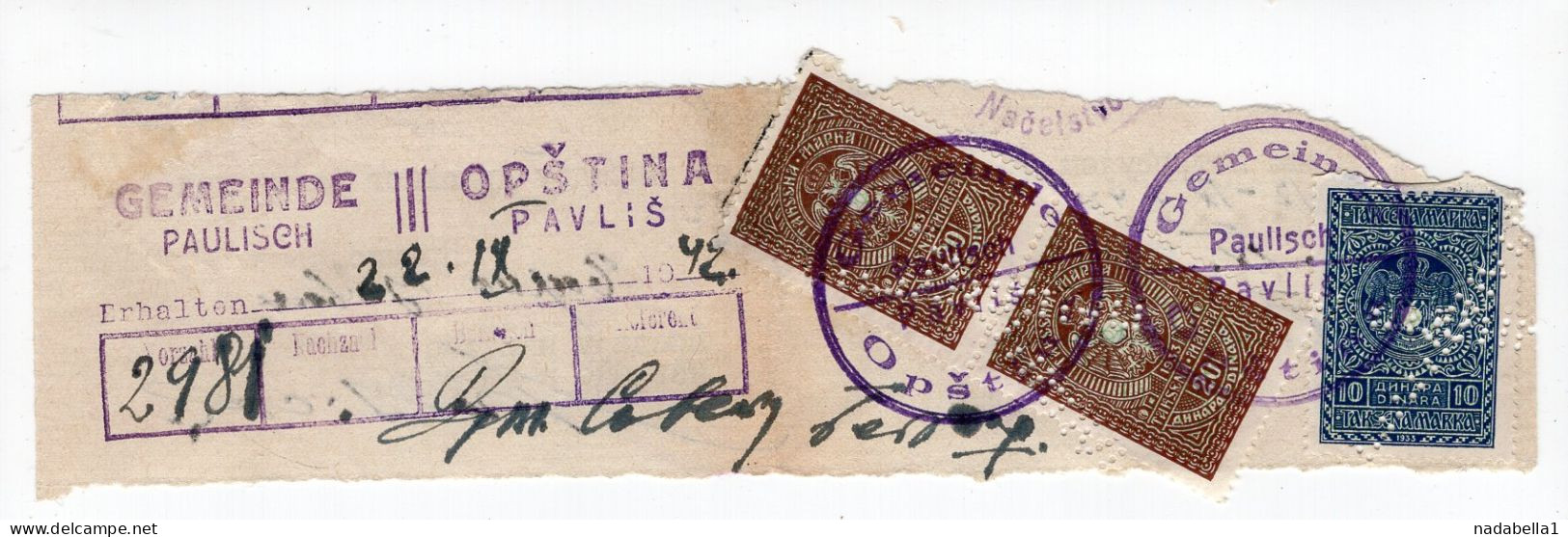 1942. WWII SERBIA,PAVLIŠ,GERMAN OCCUPATION,DELIVERY RECEIPT,NOTE,3 REVENUE STAMPS - Portomarken