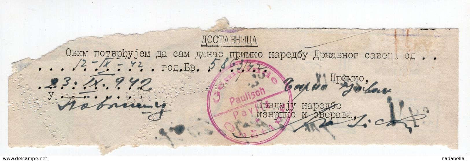 1942. WWII SERBIA,PAVLIŠ,GERMAN OCCUPATION,DELIVERY RECEIPT,NOTE,3 REVENUE STAMPS - Segnatasse