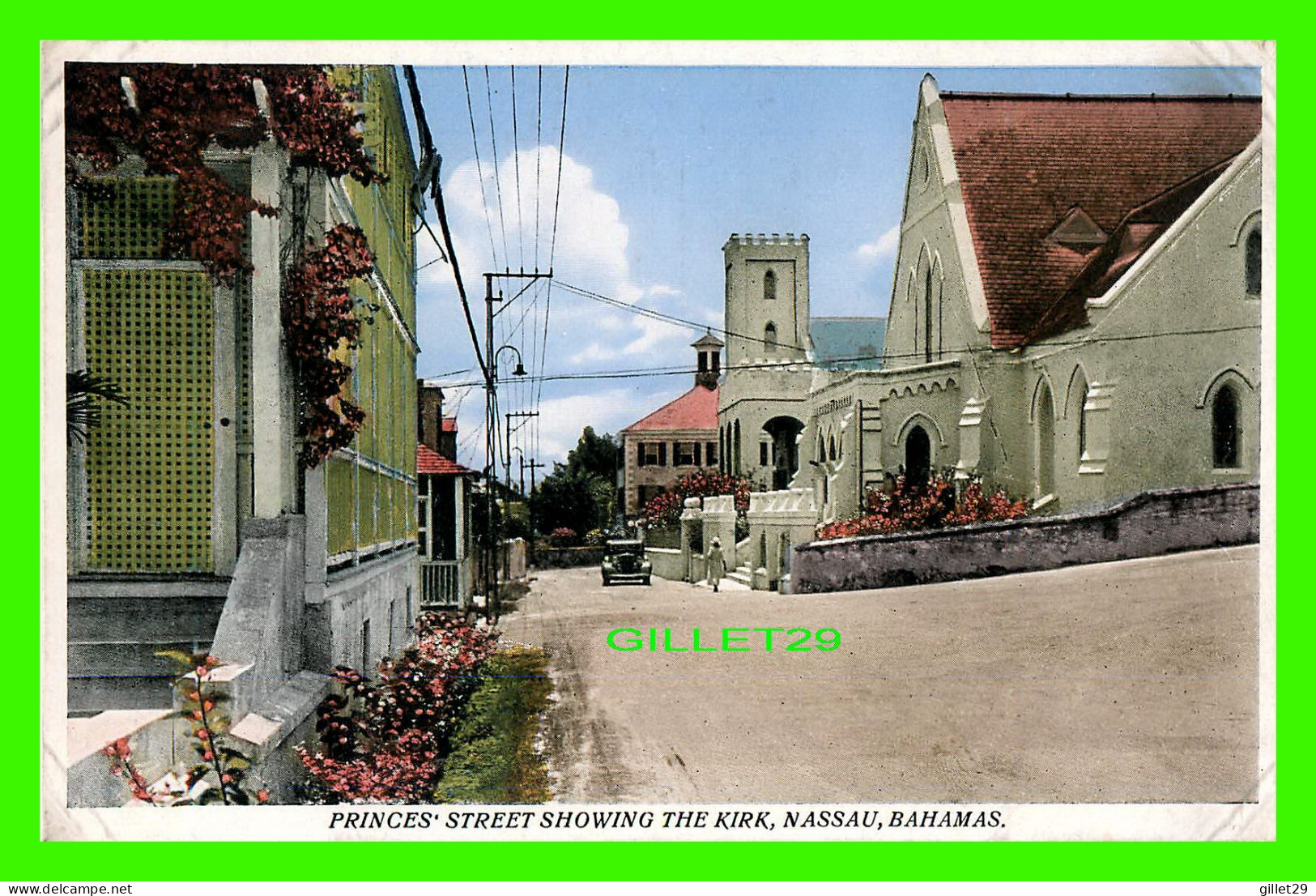 NASSAU BAHAMAS - PRINCES STREET SHOWING THE KIRK - ANIMATED OLD CAR - PUB. BY SANDS STUDIO - - Bahama's