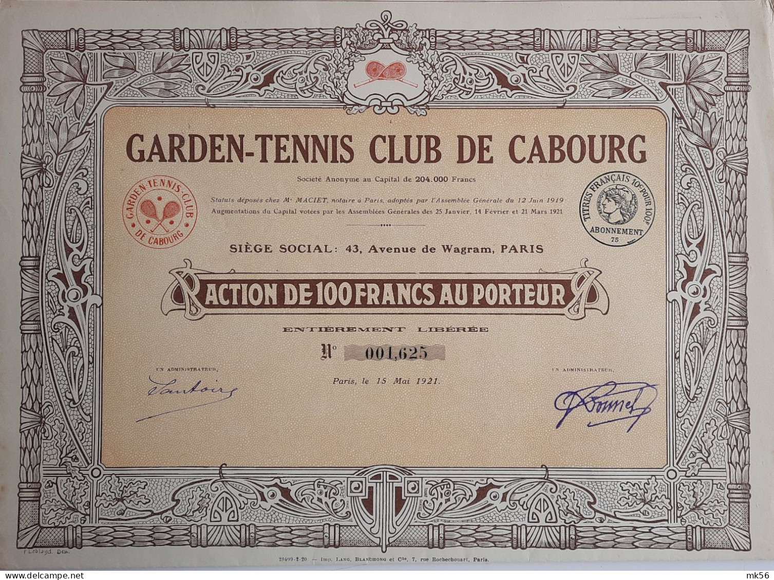 Garden-Tennis Club De Cabourg - Paris - 1921 - Deportes