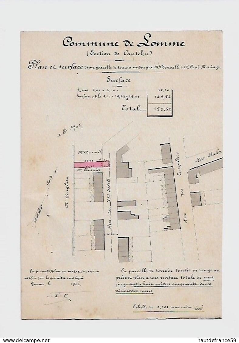 RARE Ancien Plan Original 2 Géomètre 1908 Commune LOMME CANTELEU Plan & Surface Signé Perte Géomètre Prop DESRUELLE - Topographische Kaarten