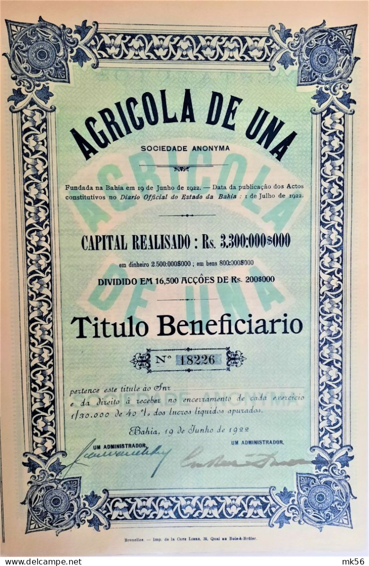 S.A. Agricola De Una - Titulo Beneficiario (Bahia) 1922 - Agricoltura