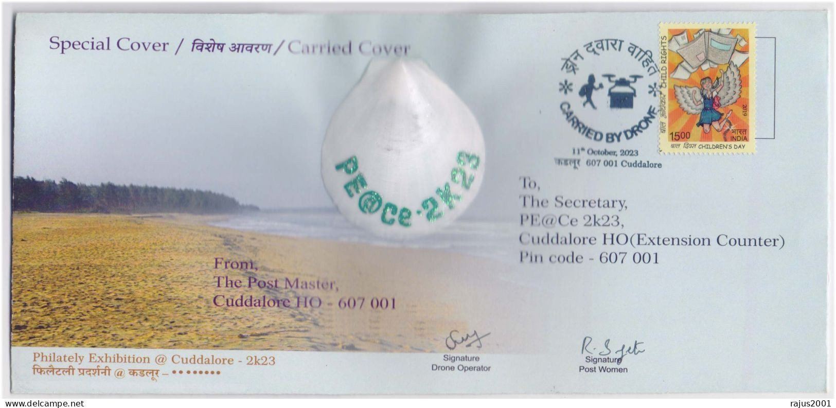 PEACE 2k23, Cover Carried By DRONE, Artificial Sea Shell On Cover UNUSUAL, QR Code Limited Edition Special Cover India - Sonstige (Luft)
