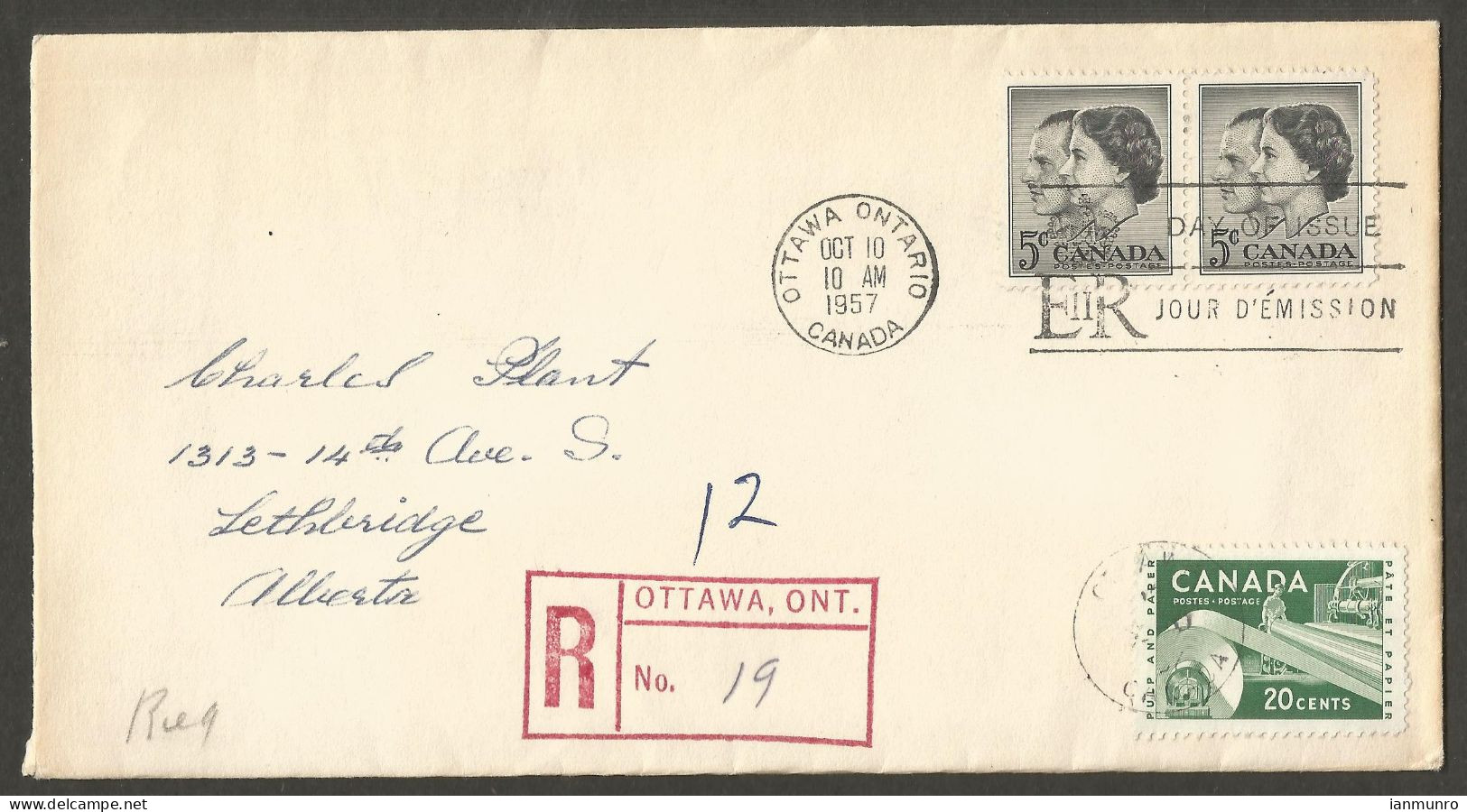 1957 FDC Registered Cover 30c Royal Visit #374 Ottawa Ontario To Lethbridge Alberta Barrel - Historia Postale