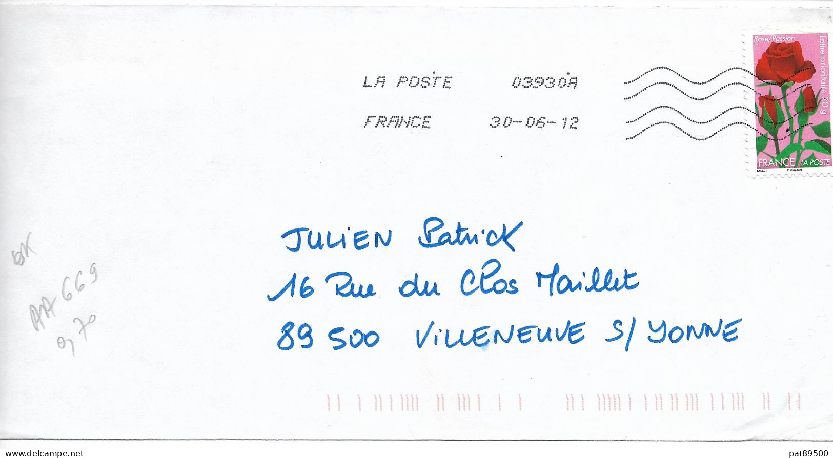 France 2012 - AA 669 - Oblitéré S/ Enveloppe Entière 06/2012  / FLEURS & Sentiments, LA ROSE : LA PASSION /OK - Storia Postale