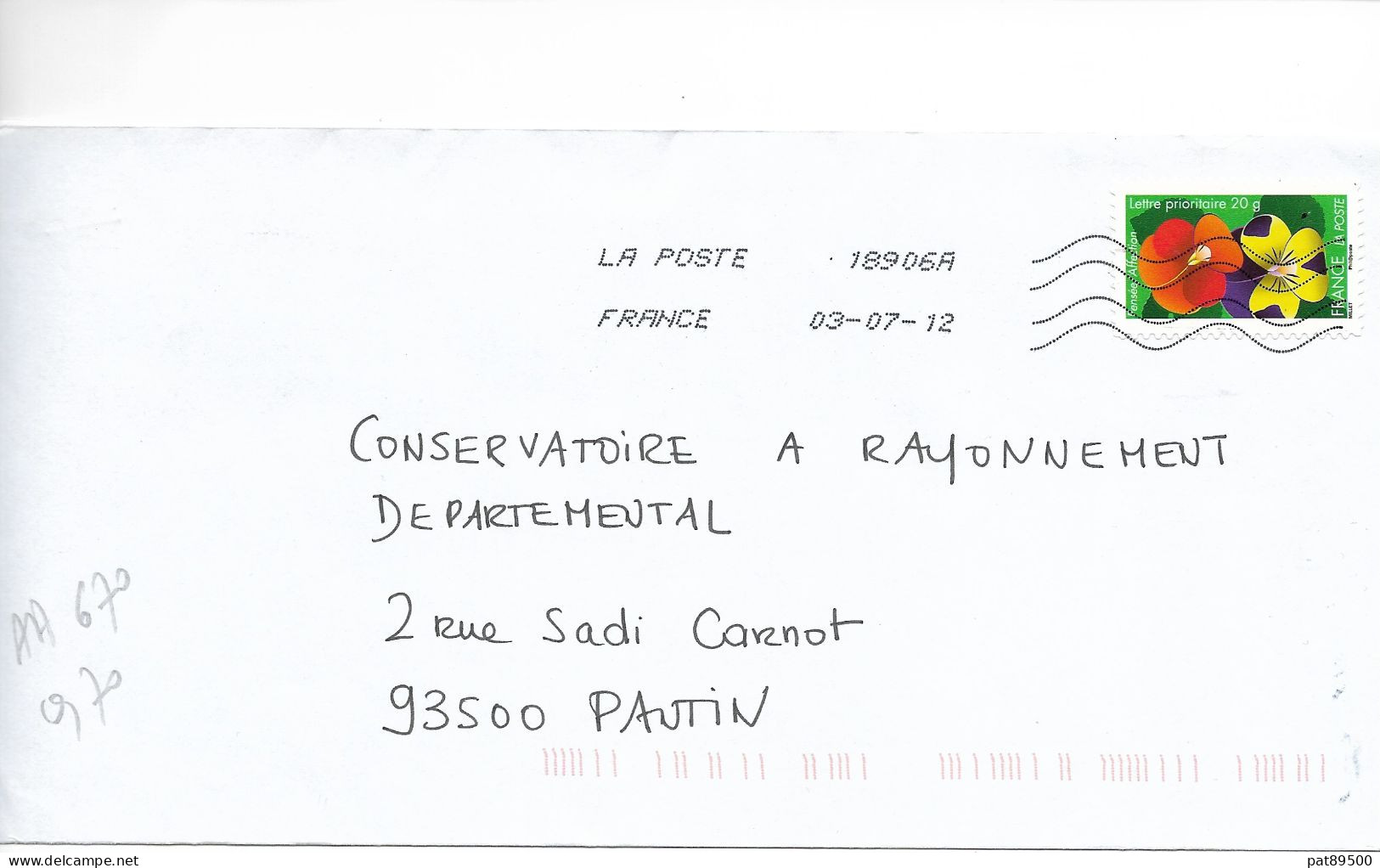 France 2012 - AA 670 - Oblitéré S/ Enveloppe Entière 07/2012 / FLEURS & Sentiments : La PENSEE  L' AFFECTION / OK  Lot A - Briefe U. Dokumente