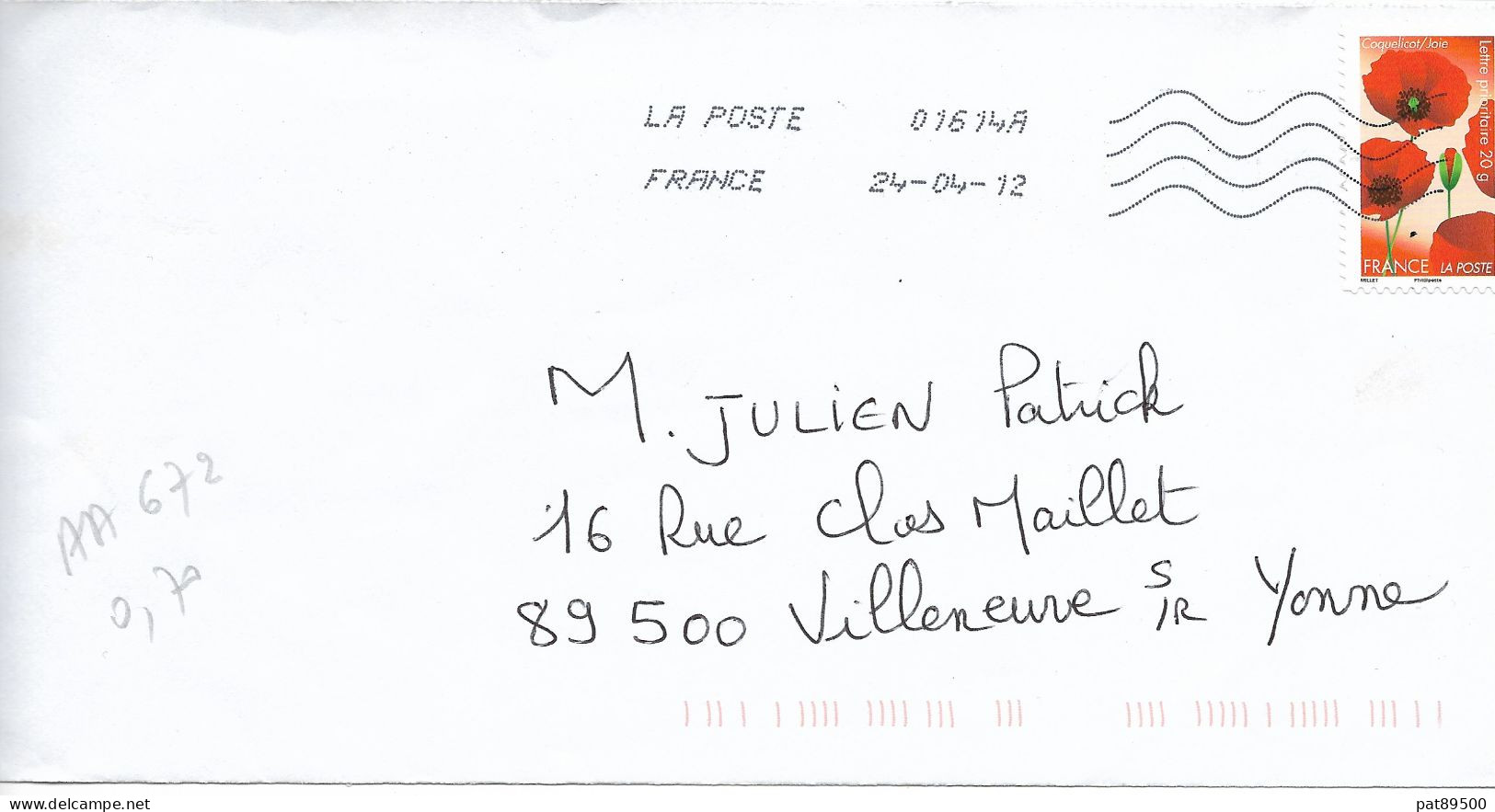 France 2012 - AA 672 - Oblitéré S/ Enveloppe Entière 04/2013 / FLEURS & Sentiments :le COQUELICOT La JOIE / OK - Lettres & Documents