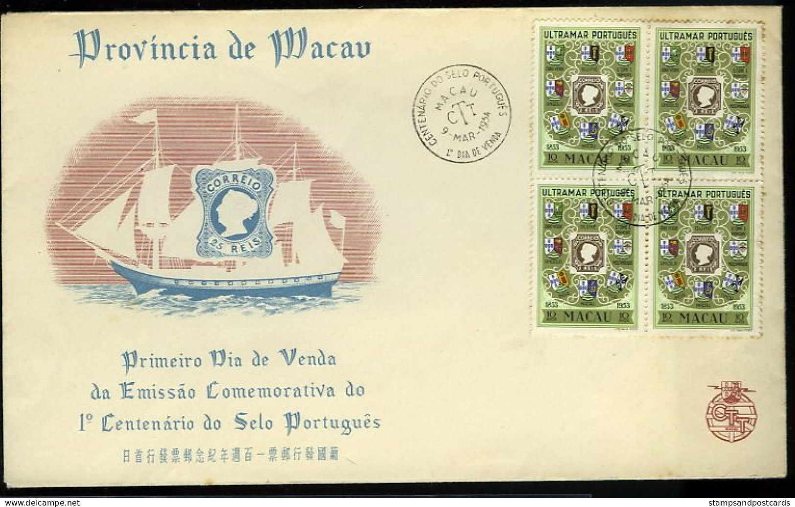 Macau Macau FDC 1954 Centenaire Du Timbre Portugais Timbre Sur Timbre Portugal Stamp Centennial Stamp On Stamp - FDC