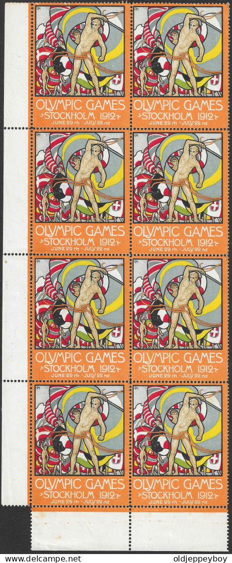 Schweden Sweden Stockholm 1912 Summer Olympics Jeux Olympiques FLAG ** CINDERELLA VIGNETTE UK English BLOCK OF 8 MNH - Ete 1912: Stockholm