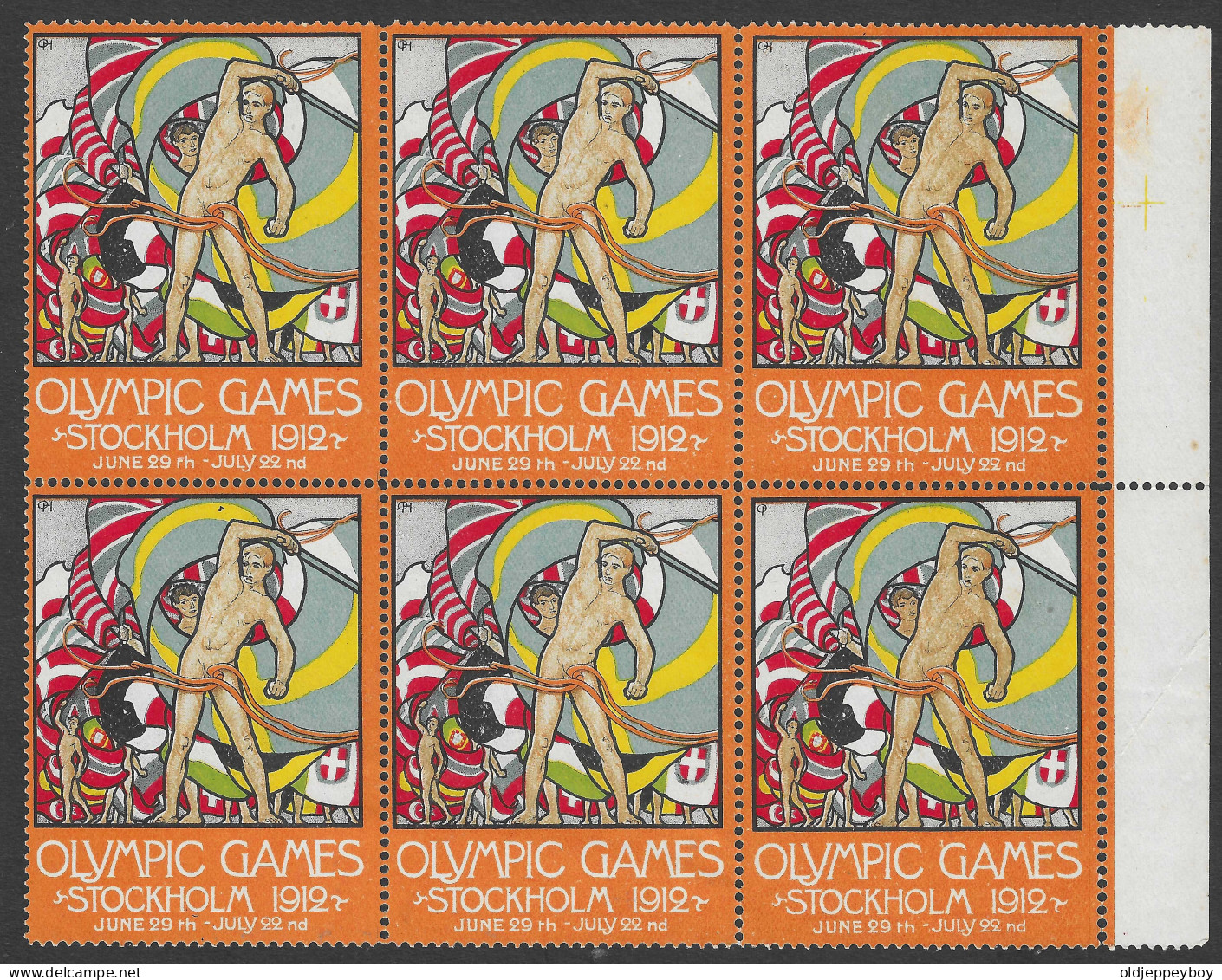 Schweden Sweden Stockholm 1912 Summer Olympics Jeux Olympiques FLAG ** CINDERELLA VIGNETTE UK English BLOCK OF 6 MNH - Zomer 1912: Stockholm