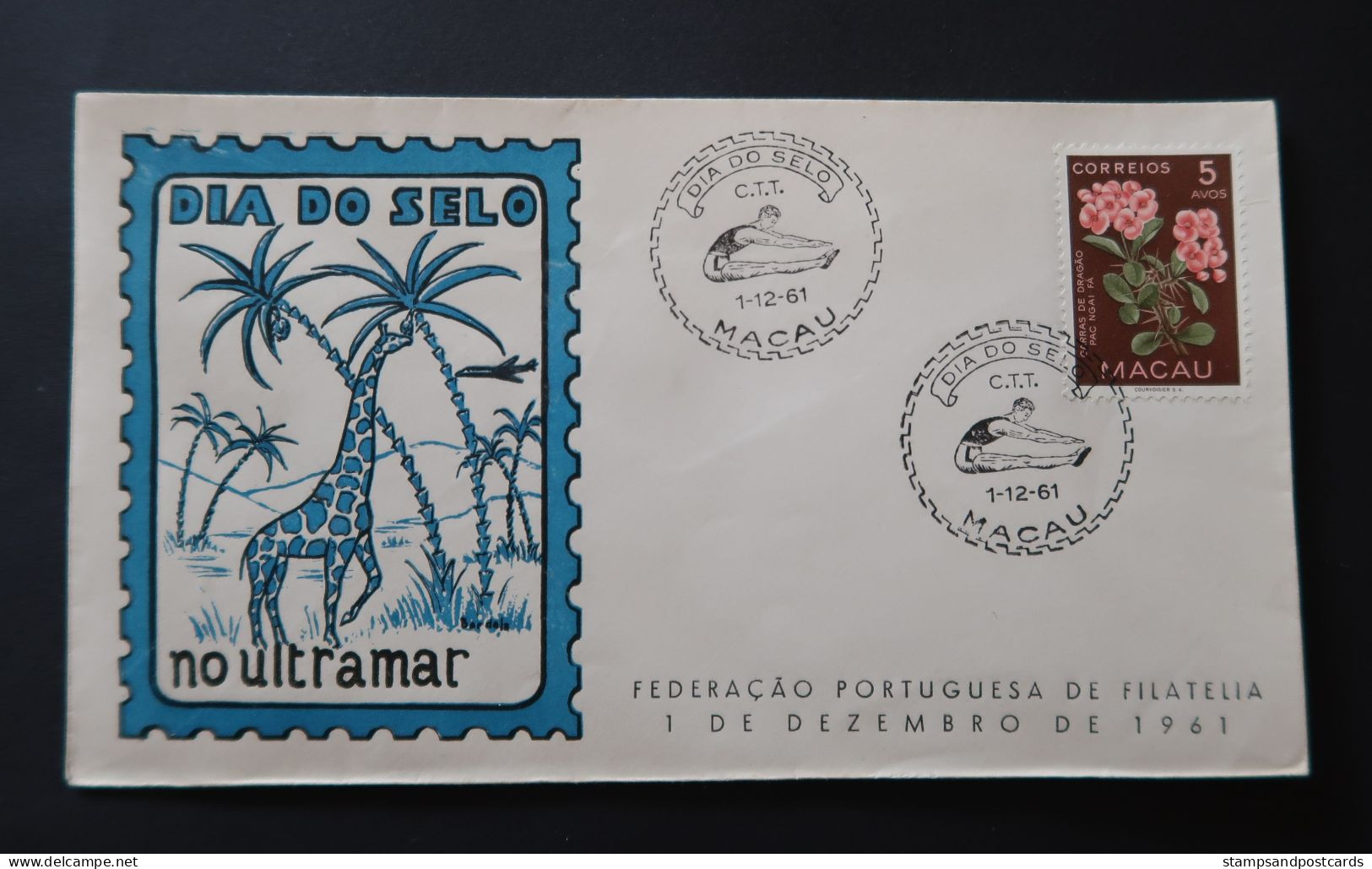 Macao Portugal Cachet Commémoratif Journée Du Timbre 1961 Macau Event Postmark Stamp Day Girafe Giraffe - Storia Postale