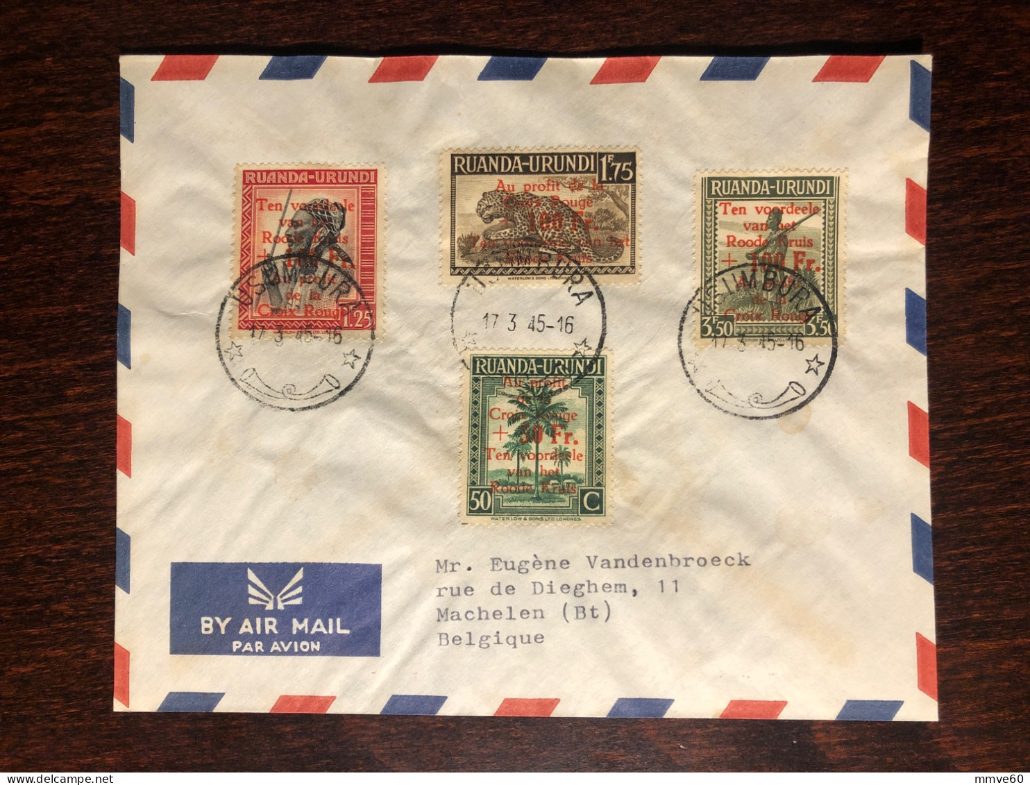 RUANDA URUNDI RARE FDC TRAVELLED COVER  LETTER TO BELGIUM 1945 YEAR  RED CROSS CROIX ROUGE HEALTH MEDICINE STAMPS - Storia Postale