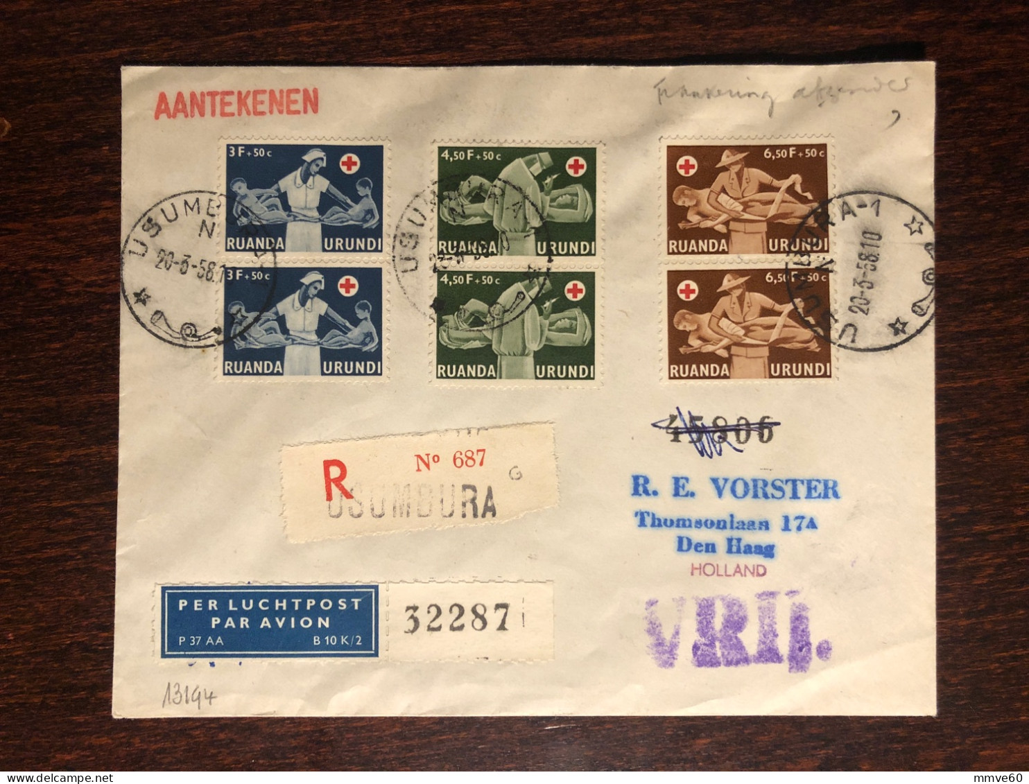 RUANDA URUNDI TRAVELLED COVER  REGISTERED LETTER TO NETHERLANDS 1958 YEAR  RED CROSS CROIX ROUGE HEALTH MEDICINE - Storia Postale