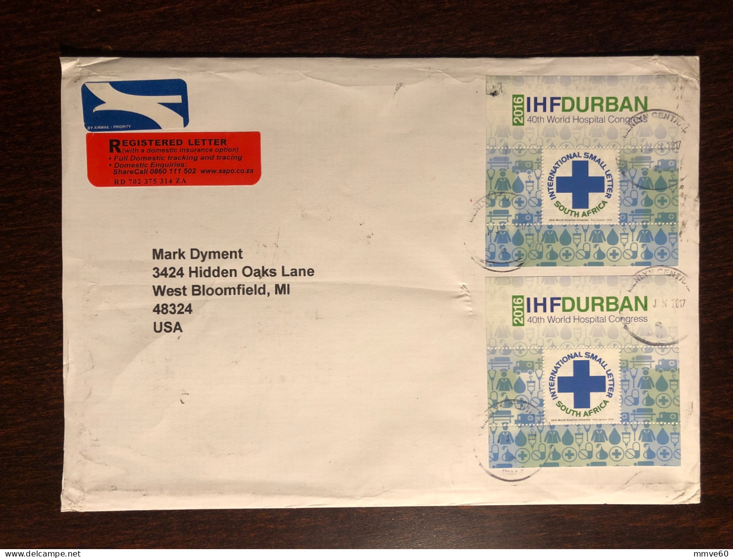 SOUTH AFRICA TRAVELLED COVER REGISTERED LETTER TO USA 2017 YEAR HOSPITAL CONGRESS HEALTH MEDICINE - Storia Postale