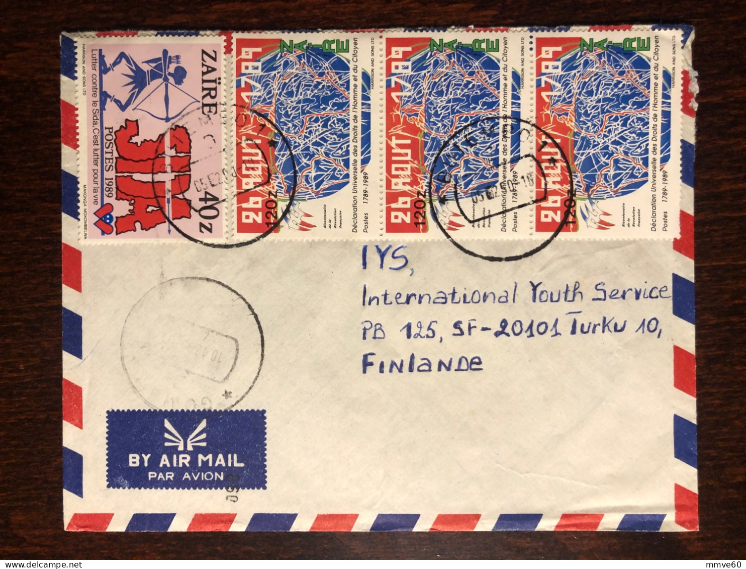 ZAIRE CONGO TRAVELLED COVER LETTER TO FINLAND 1990 YEAR AIDS SIDA HEALTH MEDICINE STAMPS - Storia Postale