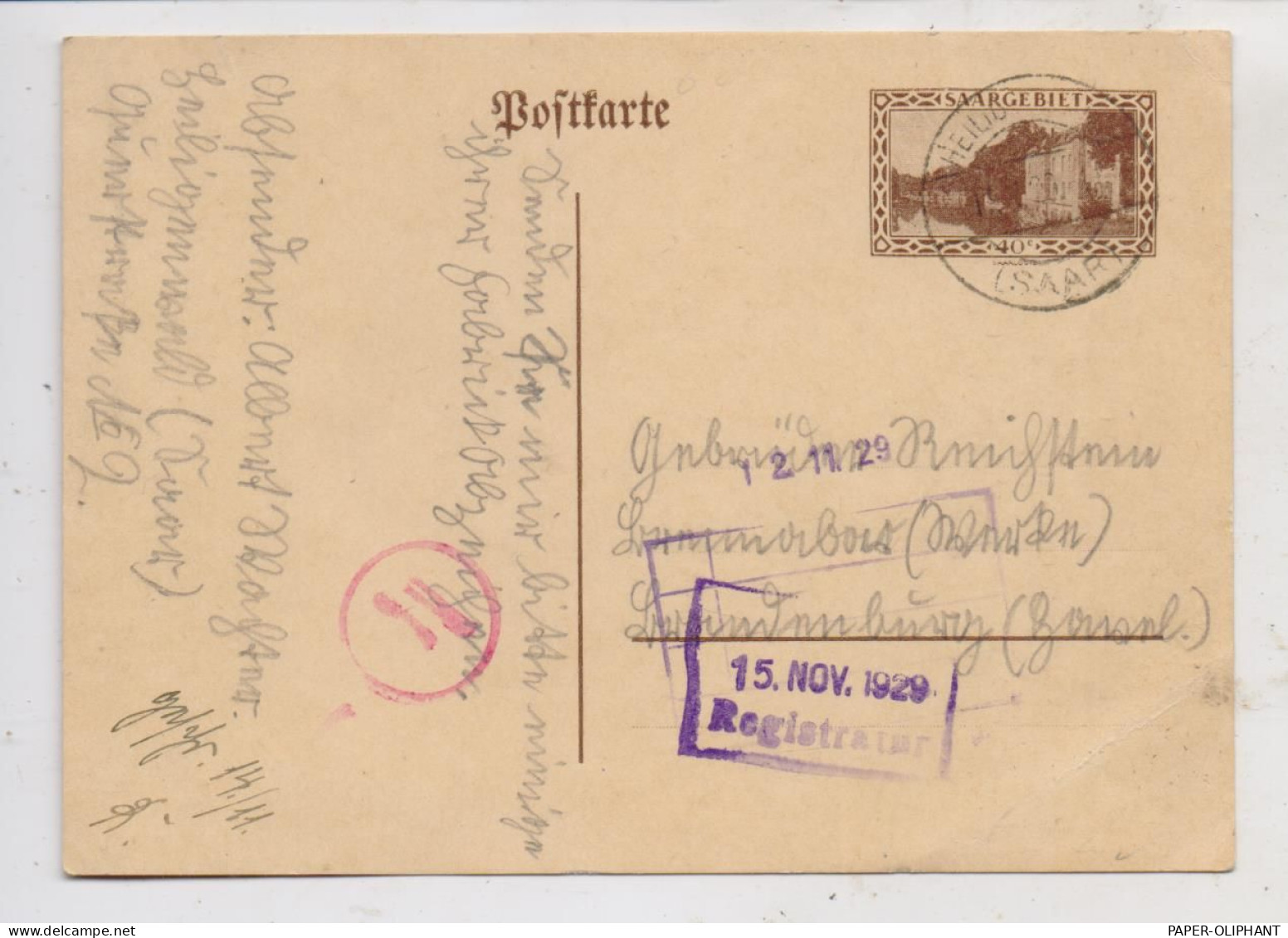 6685 SCHIFFWEILER - HEILIGENWALD, Postgeschichte, Tagesstempel 1930 Auf GA P 25 - Kreis Neunkirchen