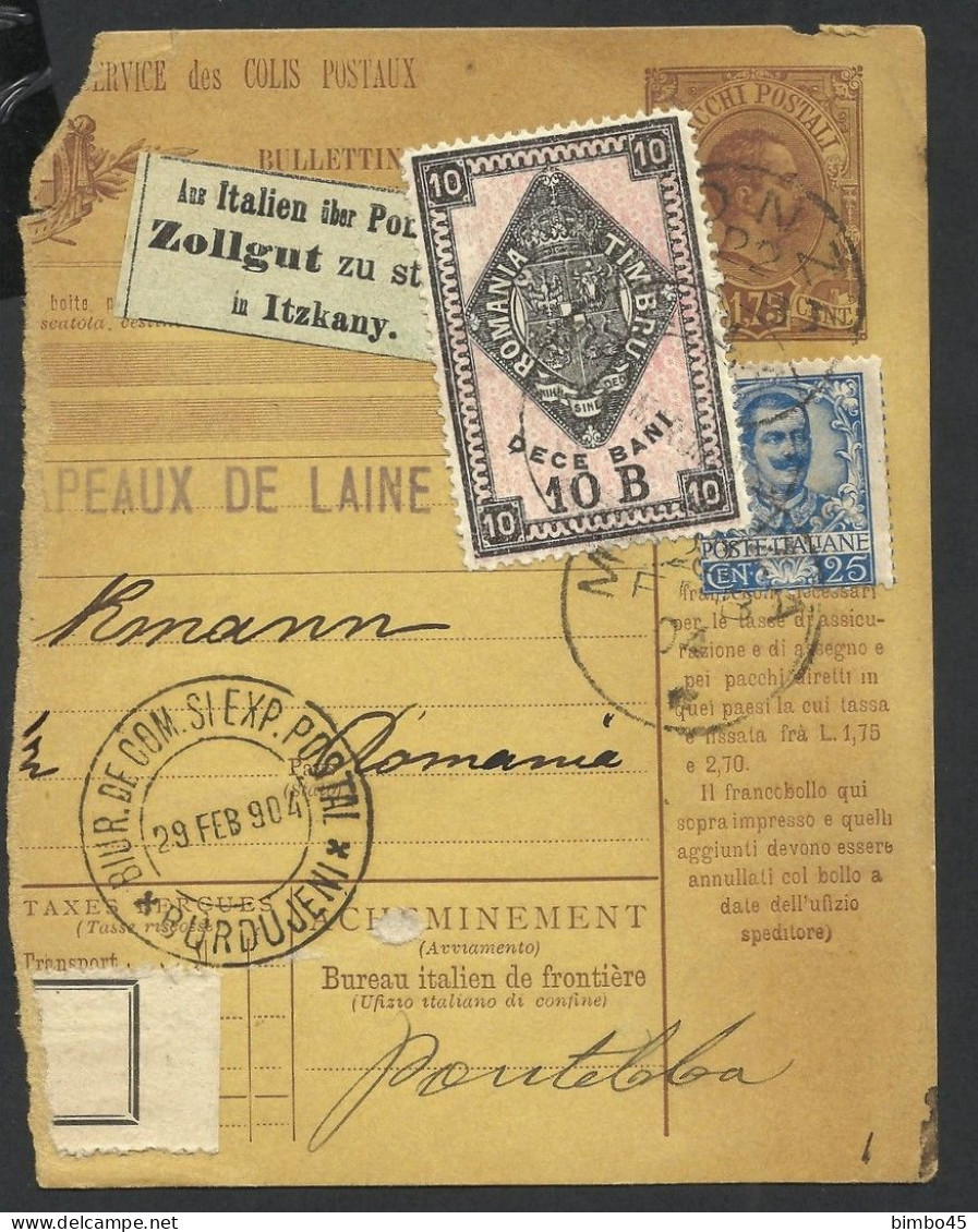 BOLLETTINO DI SPEDIZIONE 1904 MONZA /  Italien Uber Pontafel Zollgut Zu Stellen In Itzkany / BURDUJENI  ROMANIA - Paquetes Postales