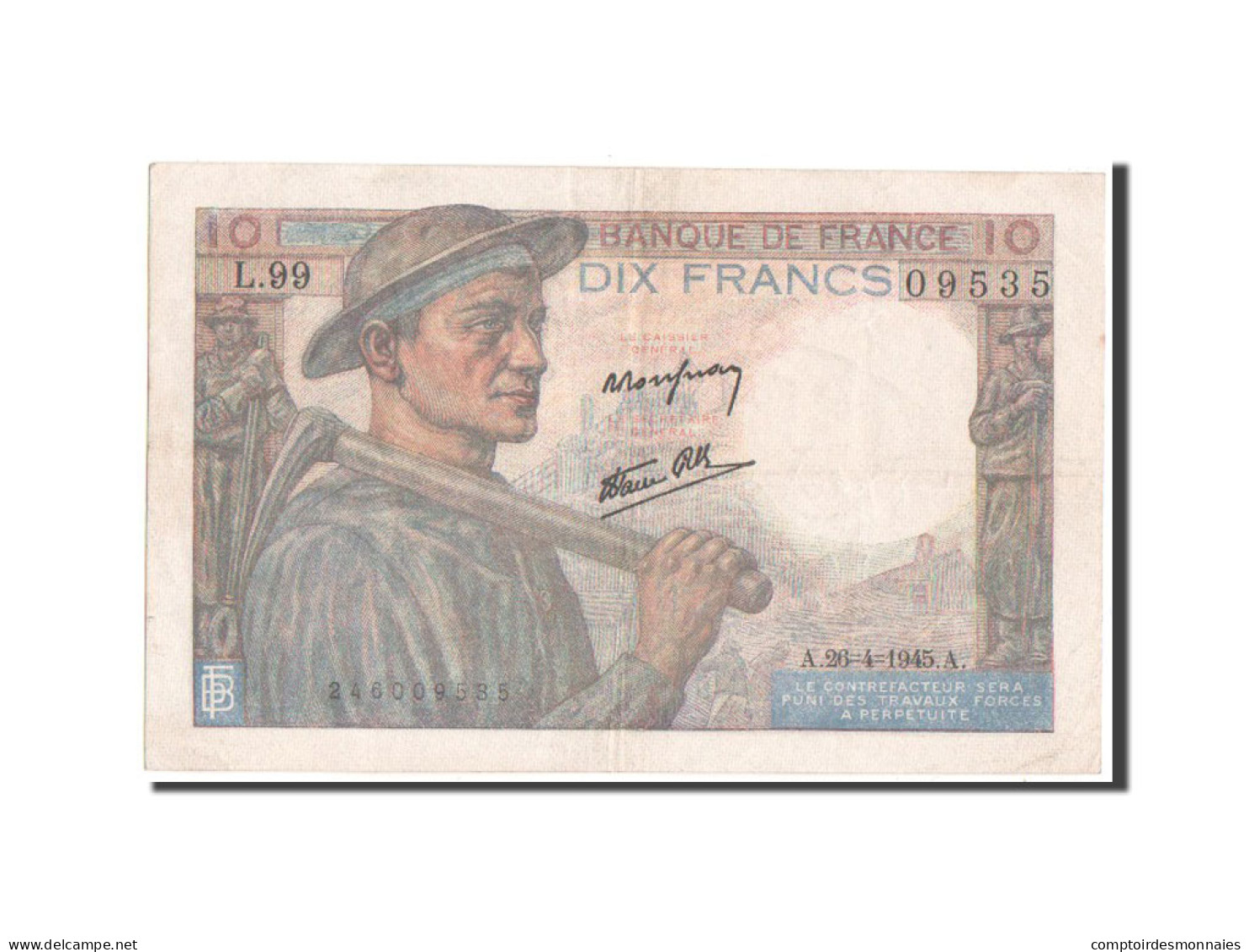 Billet, France, 10 Francs, 10 F 1941-1949 ''Mineur'', 1945, TTB+, Fayette:8.14 - 10 F 1941-1949 ''Mineur''