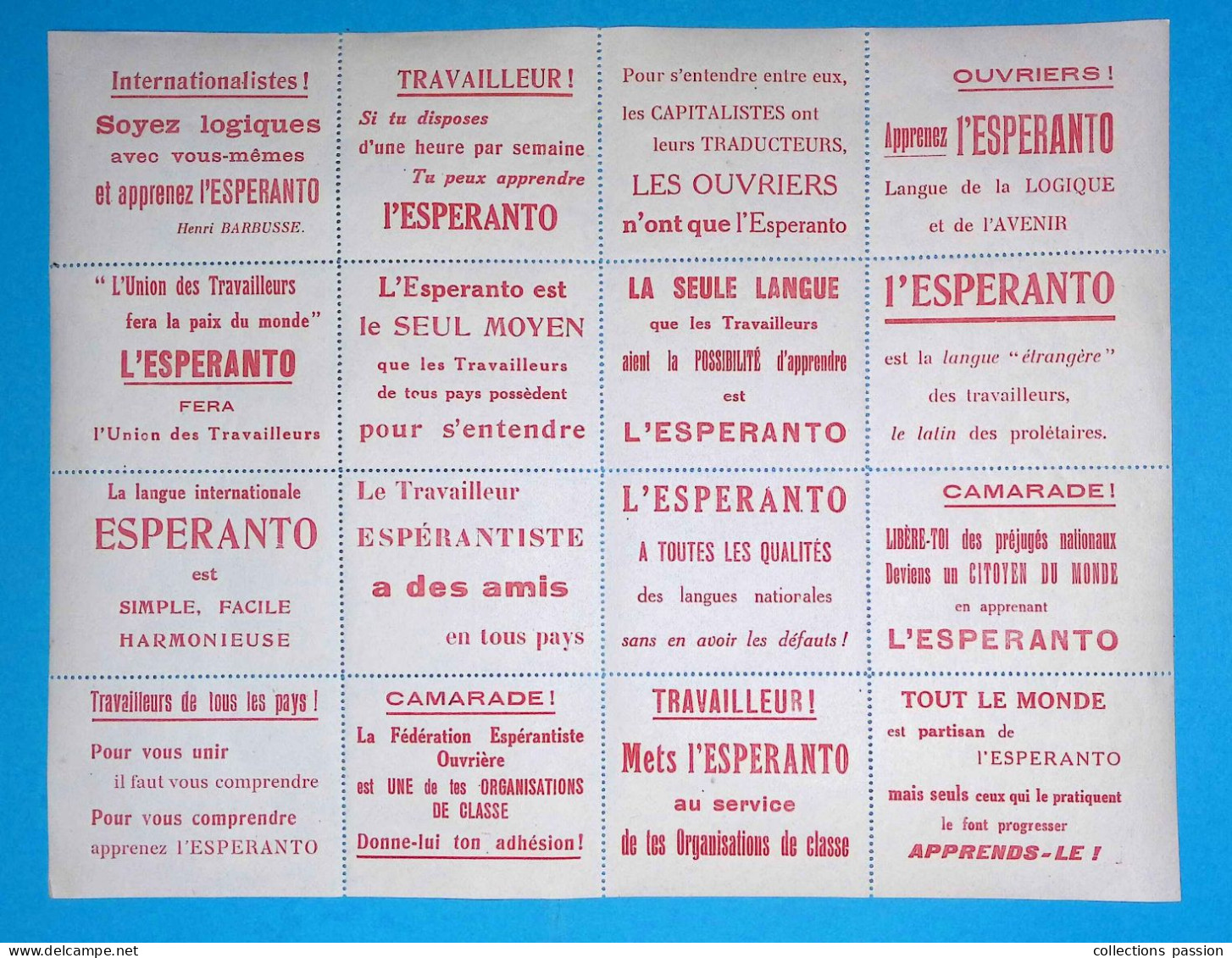 BLOC DE 16 VIGNETTES, L'ESPERANTO, Internationalistes, Travailleur, Ouvriers, Camarade... Apprenez L'Esperanto - Blocs & Carnets