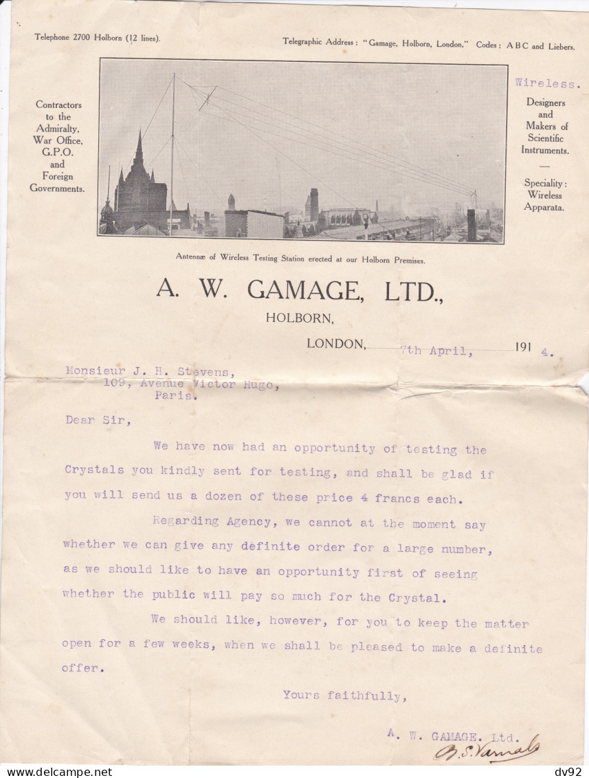 GRANDE BRETAGNE LONDRES LETTRE COMMERCIALE A.W. GAMAGE LTD - Regno Unito