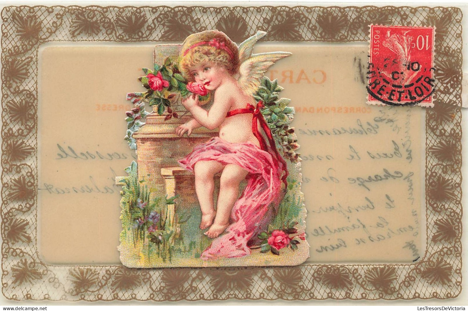 ANGES - Un Ange Près D'un Piano - Dentelle Noire - Colorisé - Illustration - Carte Postale Ancienne - Angels