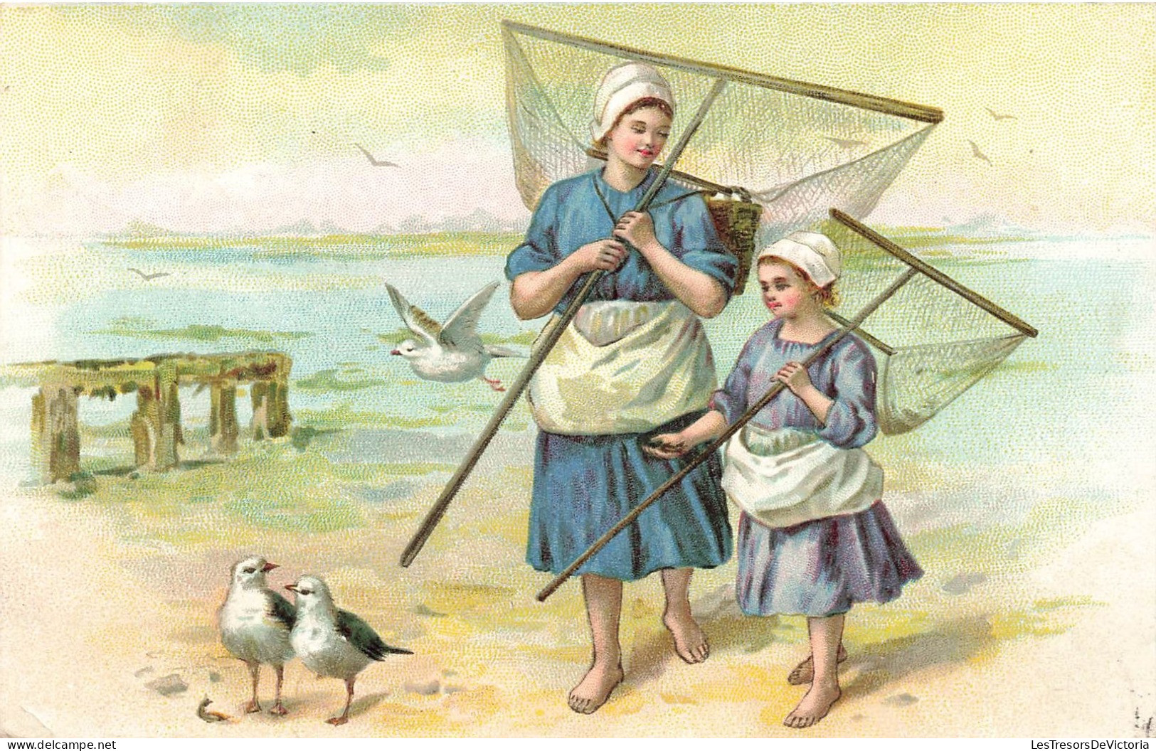 ARTS - Tableau - Pêcheuses De Crevettes - Mouettes - Plages Et Filets - Carte Postale Ancienne - Malerei & Gemälde