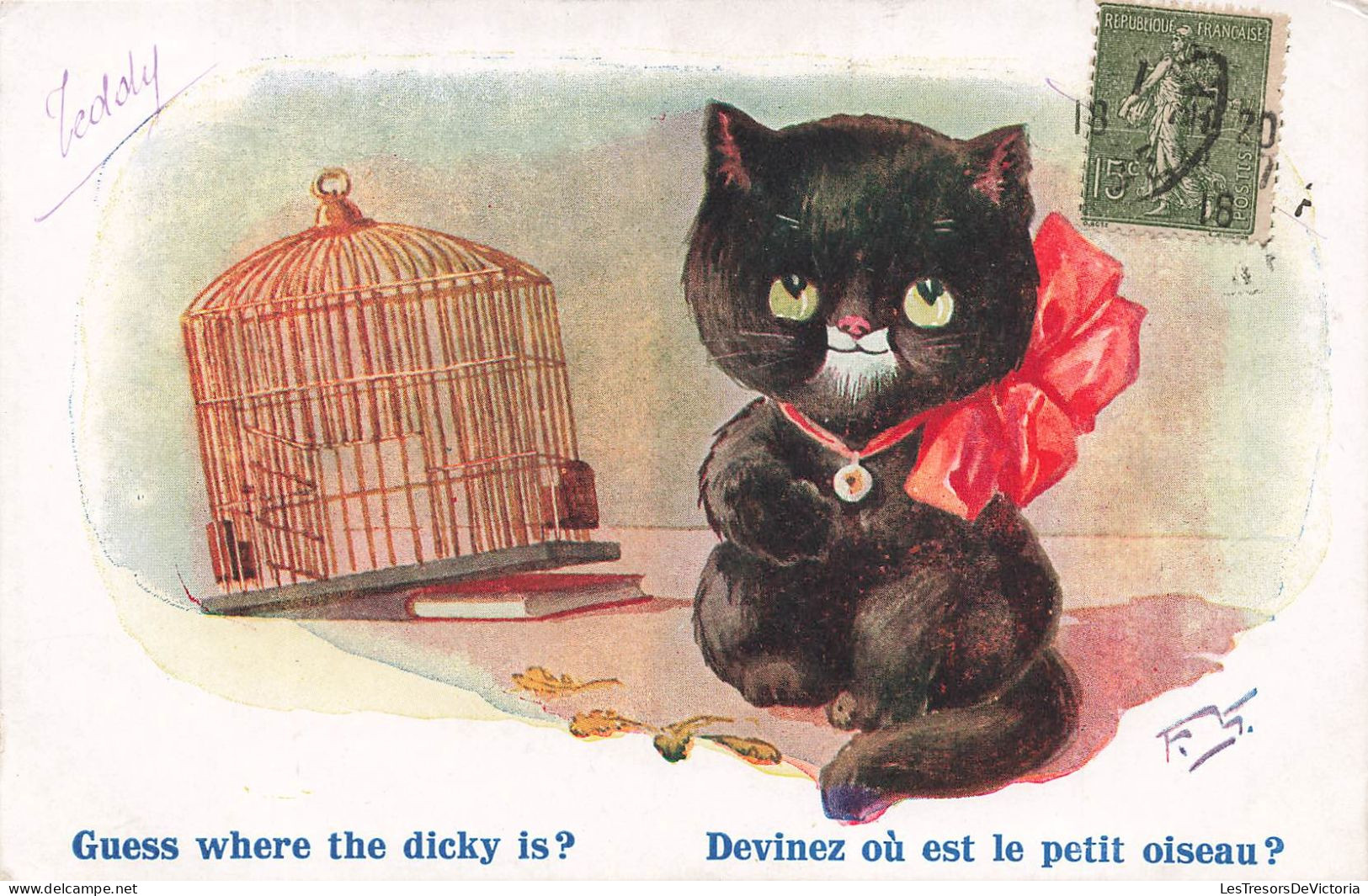 ANIMAUX - Chat - Chaton Noir - Devinez Où Est Le Petit Oiseau - Carte Postale Ancienne - Cats