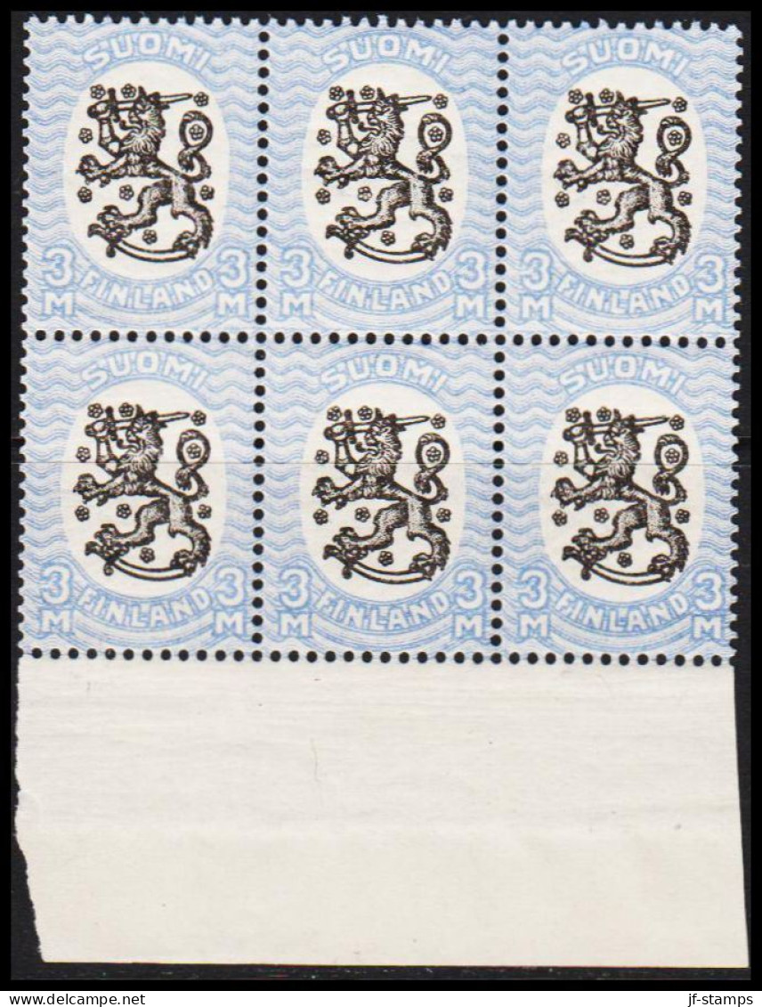 1927-1929. FINLAND. 3 M. With Watermark Posthorn Perf 14 1/4 X 14 3/4 In 6-block Never Hing... (MICHEL 134XB) - JF540319 - Ungebraucht