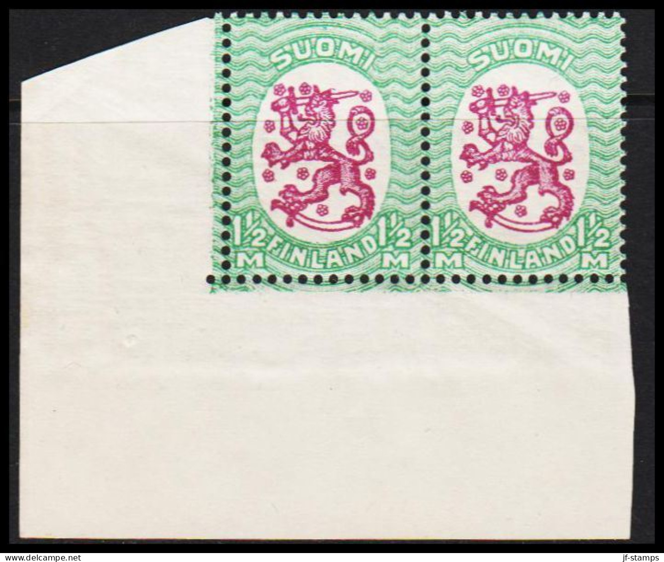 1927-1929. FINLAND. 1½ M. With Watermark Posthorn Normal And Perf .14 1/4 X 14 3/4 Never Hi... (MICHEL 132WB) - JF540320 - Neufs