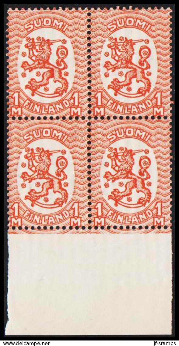 1927-1929. FINLAND. 1 M. With Watermark Posthorn Perf 14 1/4 X 14 3/4 In 4-block Never Hing... (MICHEL 131XB) - JF540322 - Neufs
