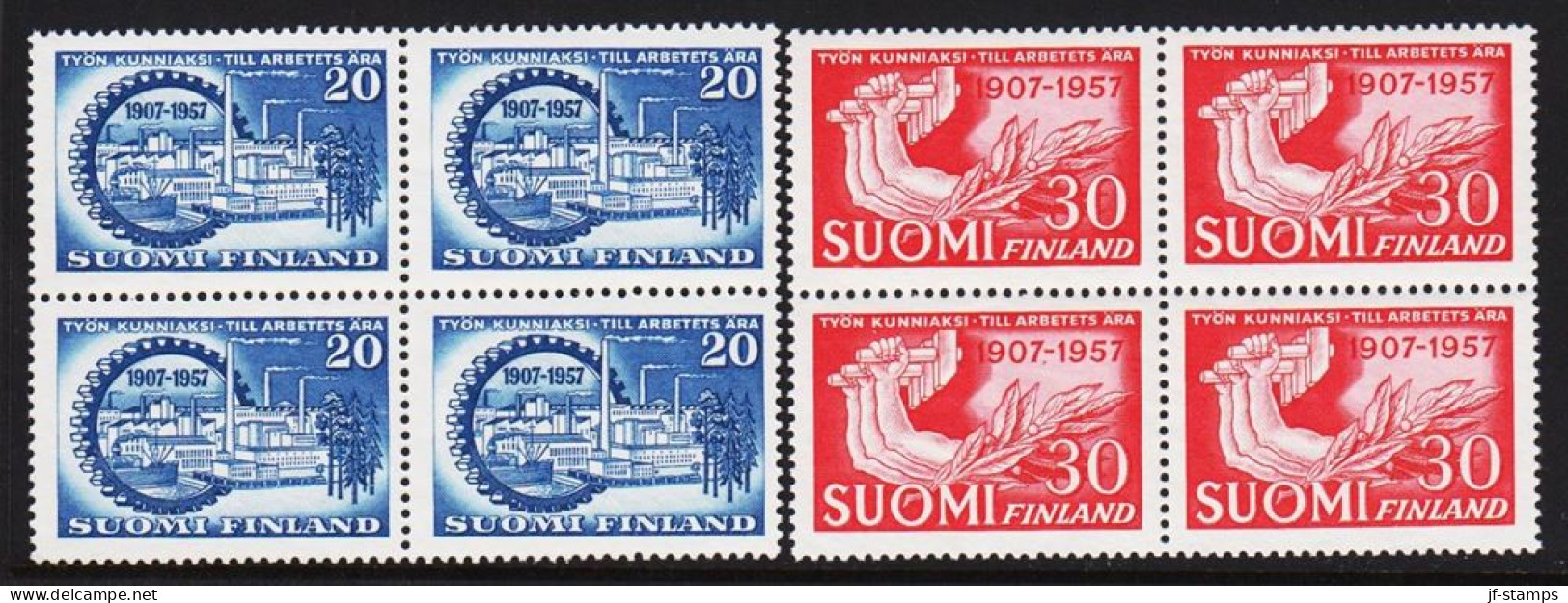 1957. FINLAND. TIL ARBETETS ÄRA 30 + 30 Mk In Never Hinged 4-blocks. (Michel 476 + 481) - JF540332 - Unused Stamps