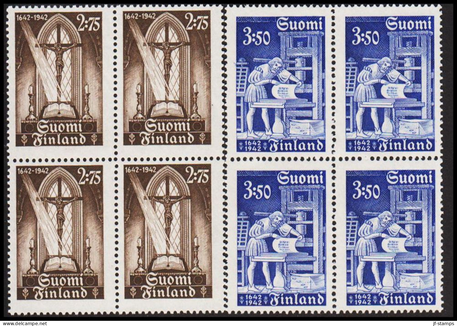 1942. FINLAND. Bible Complete Set In Never Hinged 4-blocks. (Michel 267-268) - JF540420 - Storia Postale