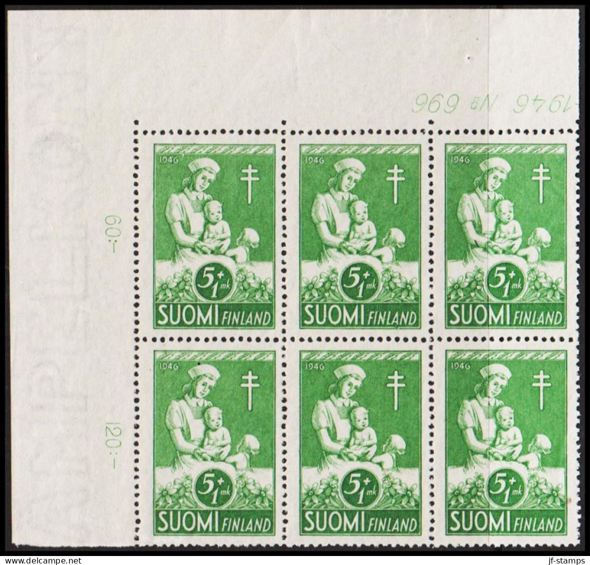 1946. FINLAND. Tuberculosis 5+1 Mk In Never Hinged 6-block. (Michel 326) - JF540422 - Lettres & Documents