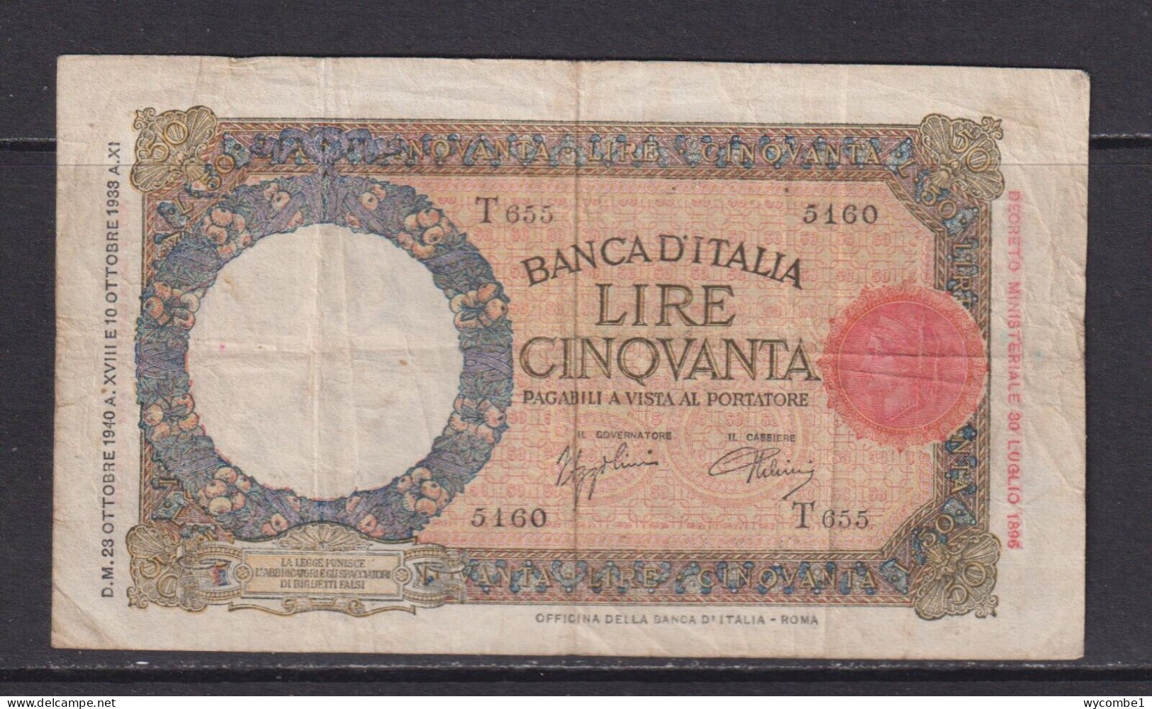 ITALY - 1940 50 Lira Circulated Banknote - 50 Lire