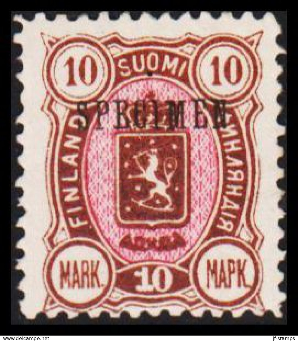 1889. FINLAND. Coat Of Arms. "Three-numbered". Perf. 12½. 10 Mk. Brown/red Overprinte... (Michel 34 Specimen) - JF540597 - Unused Stamps