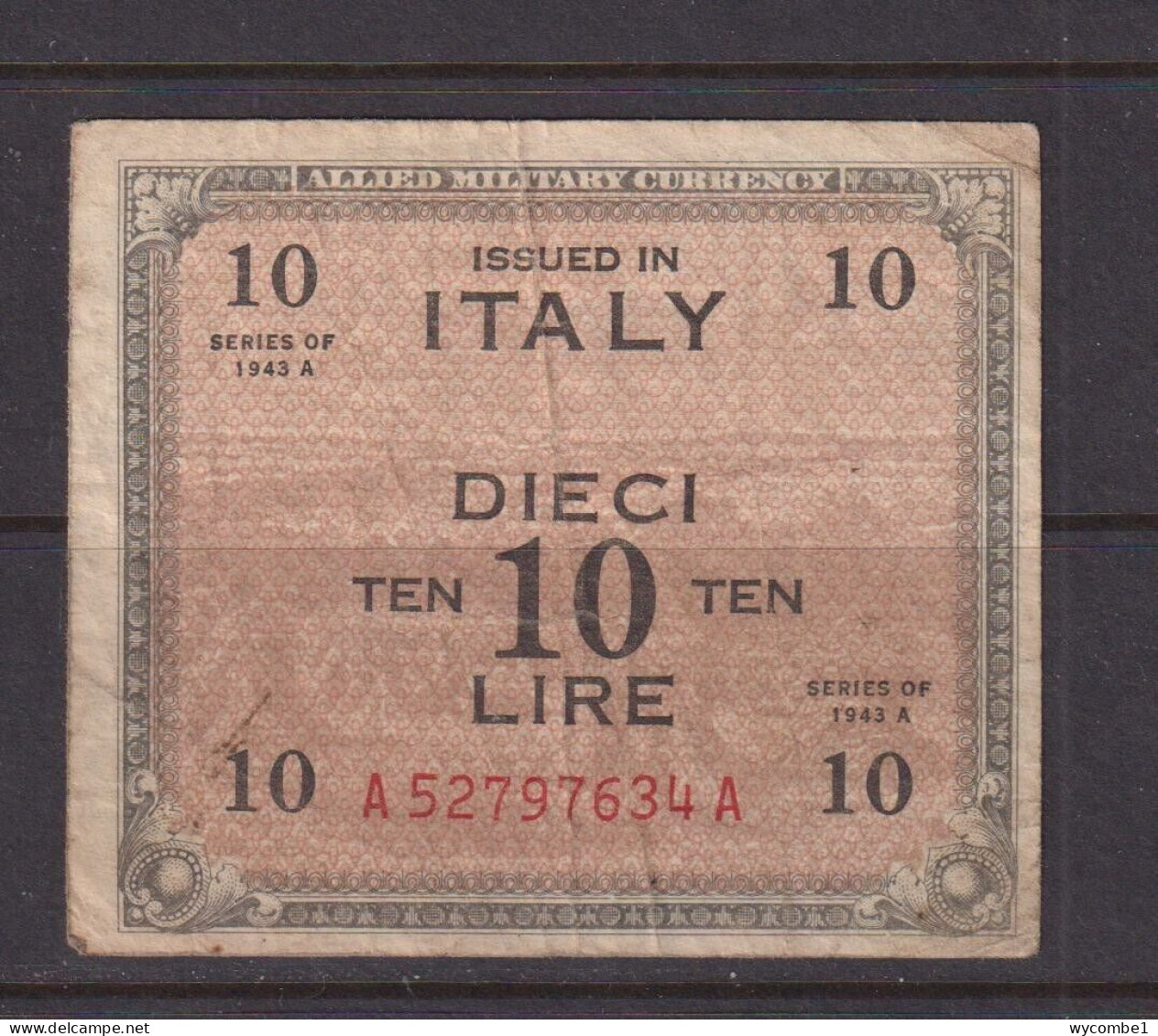 ITALY - 1943 Allied Military Currency 10 Lira Circulated Banknote - Allied Occupation WWII