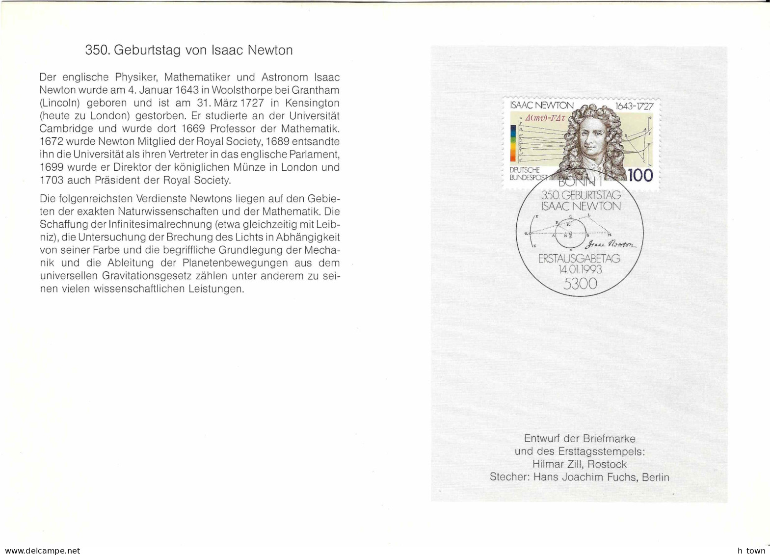 413  Isaac Newton: Doc. 1er Jour D'Allemagne, 1993 - Mathematics Astronomy. Astronomie Mathématique Alchimie Physics - Physik