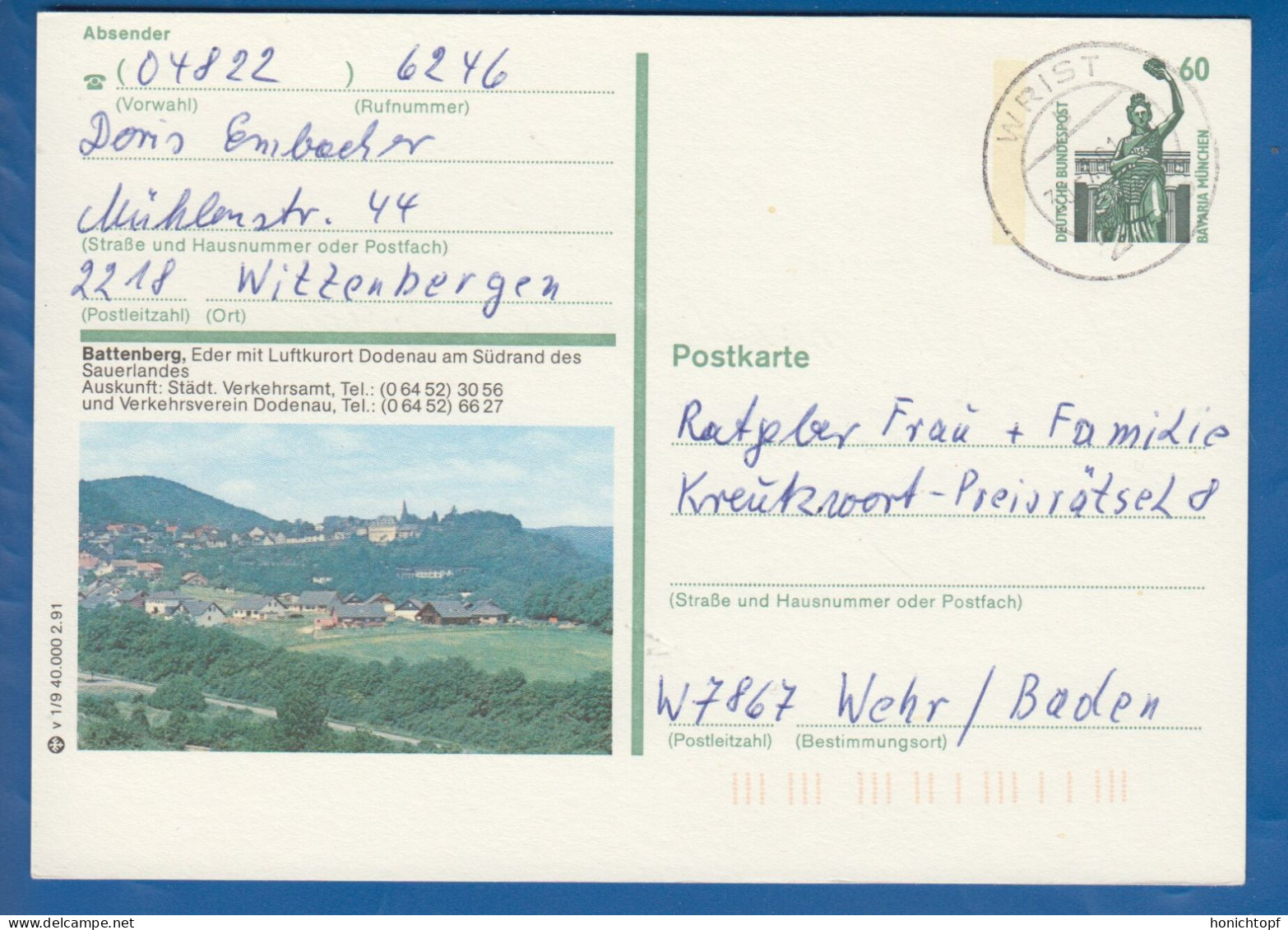 Deutschland; BRD; Postkarte; 60 Pf Bavaria München; Battenberg, Eder Mit Dodenau; Bild1 - Illustrated Postcards - Used